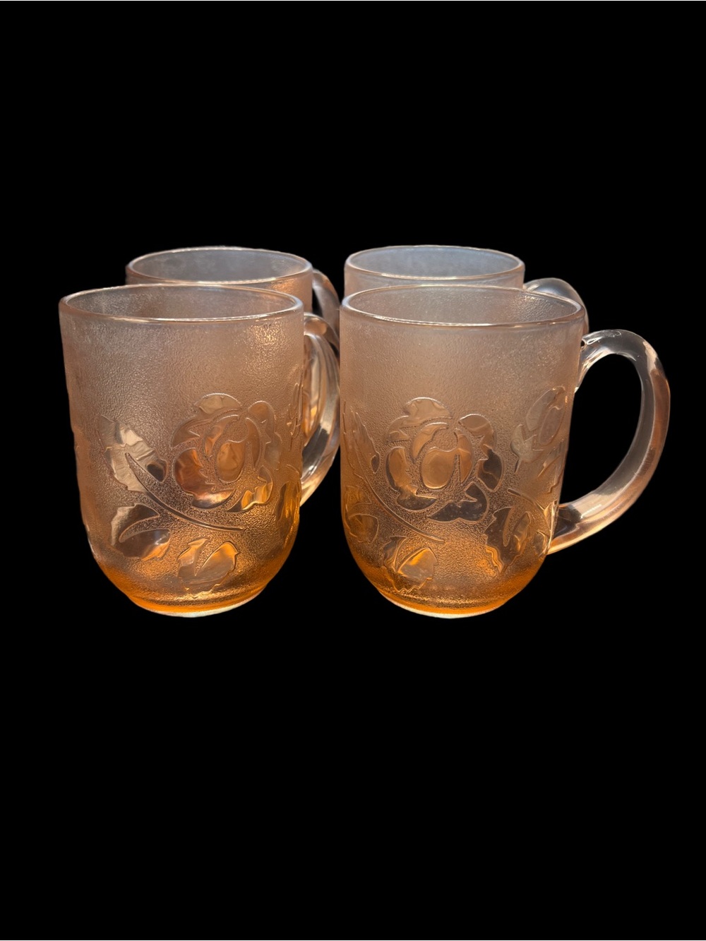 Vintage 4 Arcoroc France Pink Rosaline Glass Embossed Rose Coffee Cup Mugs 8oz